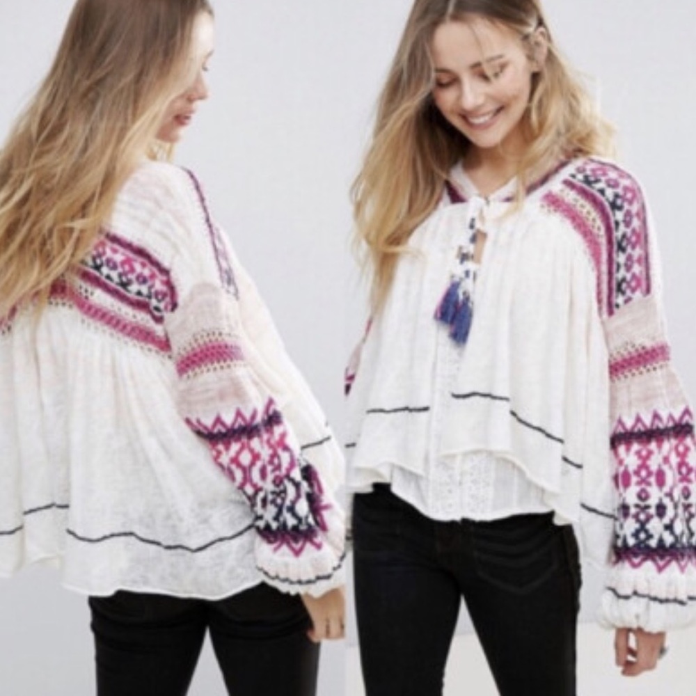 Free People White and Pink Patterned Cardigan